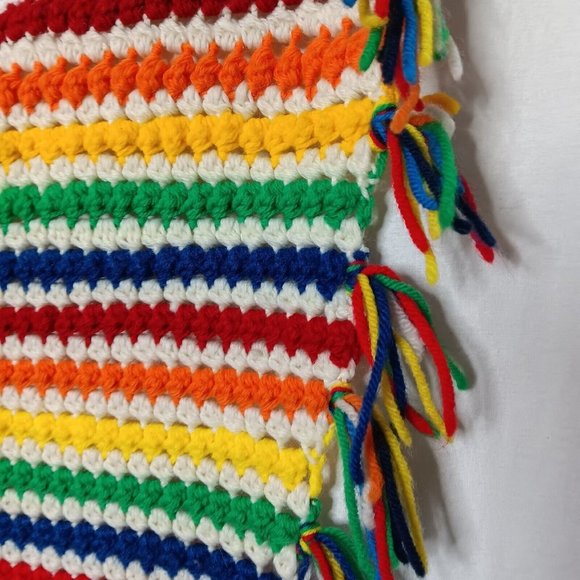 Handmade Crochet Rainbow Stripe Baby Afghan Blanket Fringe Colorful 52"x 44" - Picture 6 of 8